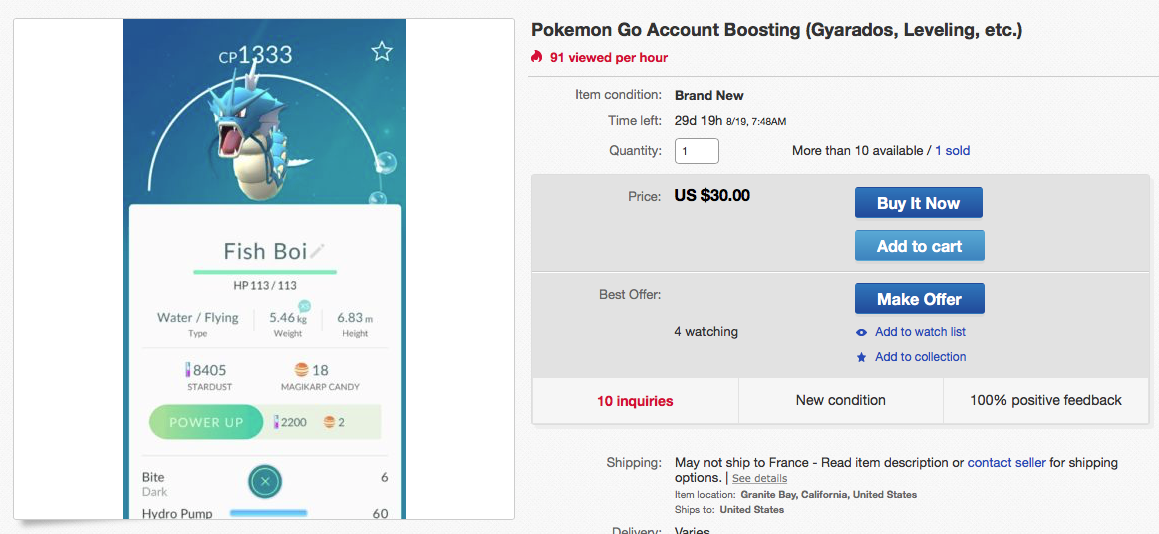 Pokémon Go des comptes vendus à des prix déments