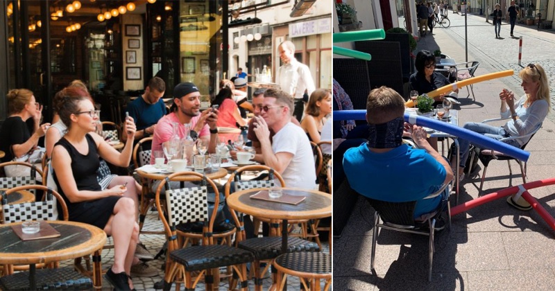 Deutsche Cafés führen „Bratenhüte“ ein, um soziale Distanz zu wahren